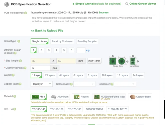 PCBWay showing successful gerber upload - file parsed, 1 layer detected, 80x50mm, FR-4, TG 130-140