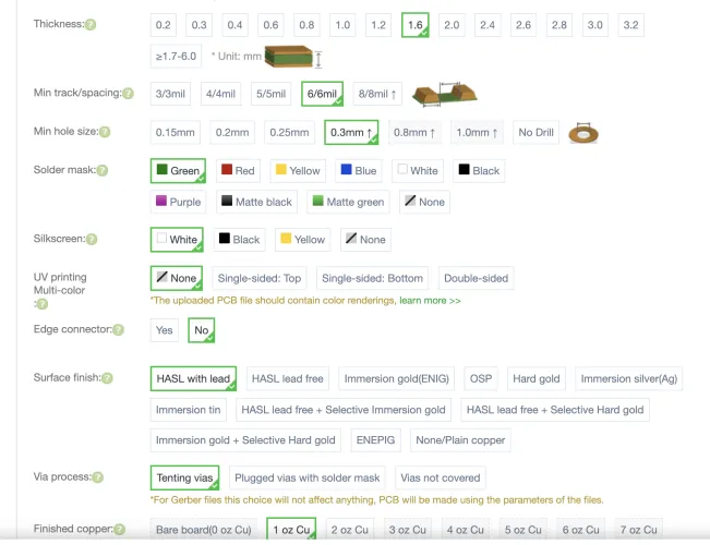 Spec options - thickness 1.6mm, 6/6mil track, 0.3mm hole, green solder mask, white silkscreen, HASL finish, tenting vias, 1oz copper