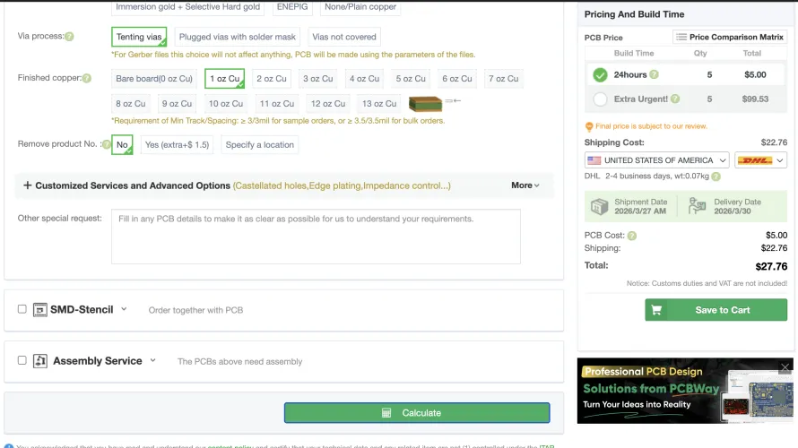 Pricing breakdown - PCB cost $5.00, shipping $22.76, total $27.76, 24hr build time, DHL shipping