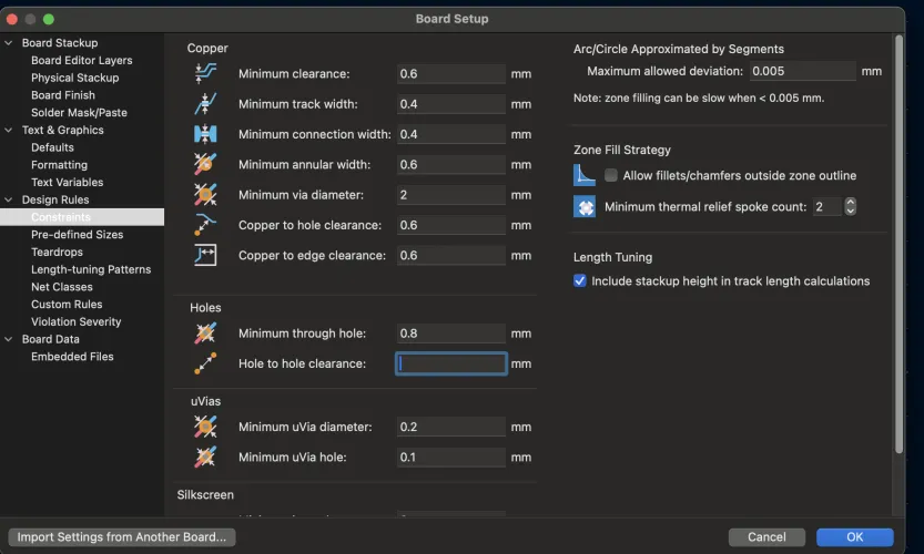 KiCad Board Setup showing design rules - minimum clearance 0.6mm, track width 0.4mm, annular width 0.6mm, via diameter 2mm