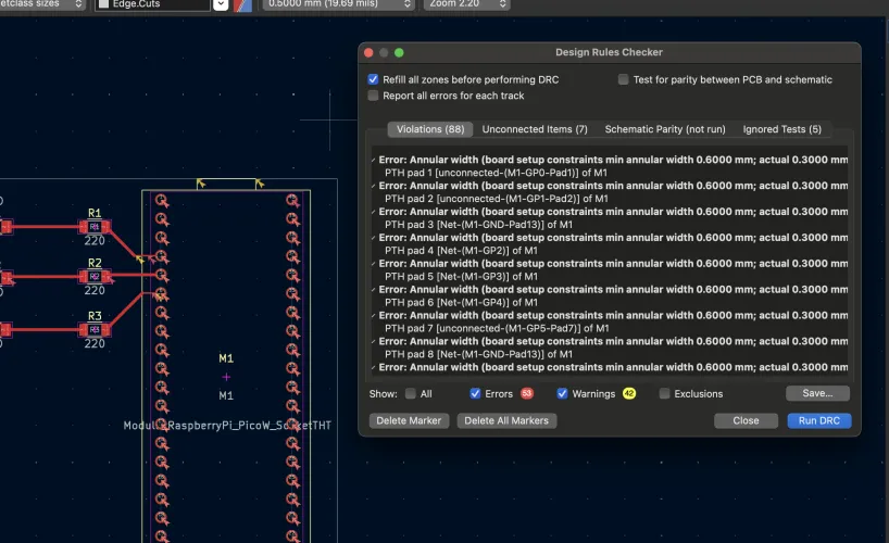Design Rules Checker showing 88 violations, mostly annular width errors on PTH pads where actual 0.3mm was less than the required 0.6mm