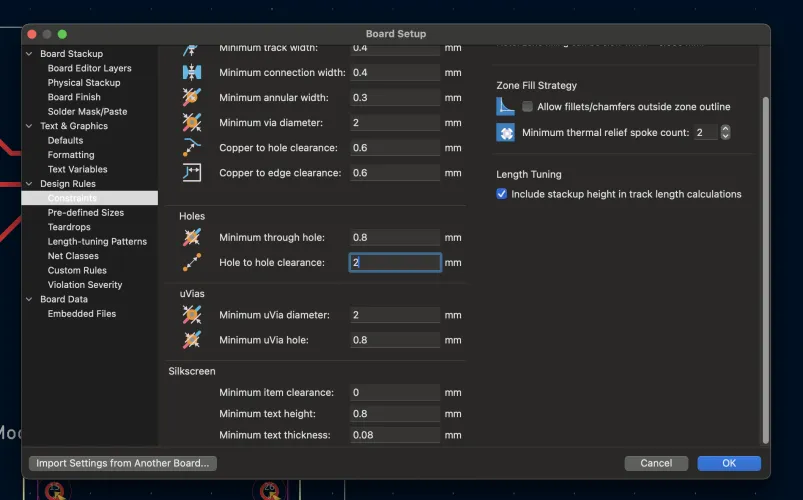 Board Setup with adjusted design rules - annular width reduced to 0.3mm, hole to hole clearance set to 2mm