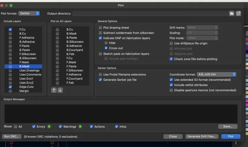 KiCad Plot dialog with Gerber format selected, F.Cu and Edge.Cuts layers checked, general options configured
