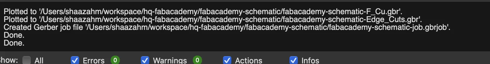 Plot output messages showing successful generation of F_Cu.gbr and Edge_Cuts.gbr gerber files with 0 errors