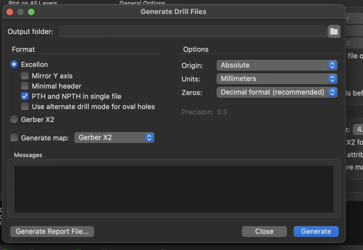 Generate Drill Files dialog with Excellon format, PTH and NPTH in single file, absolute origin in millimeters