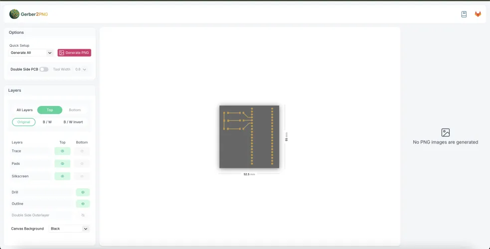 Gerber2PNG with the PCB loaded showing the board layout in original colors, dimensions 52.5 x 55mm