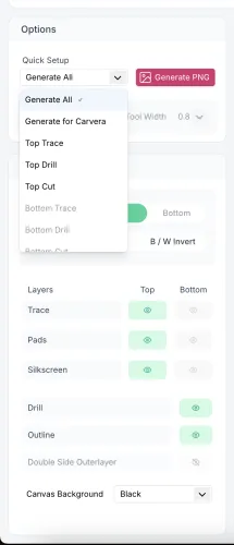 Gerber2PNG Quick Setup dropdown showing options: Generate All, Generate for Carvera, Top Trace, Top Drill, Top Cut