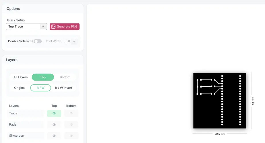 Gerber2PNG showing Top Trace in B/W mode - black background with white traces showing the PCB routing