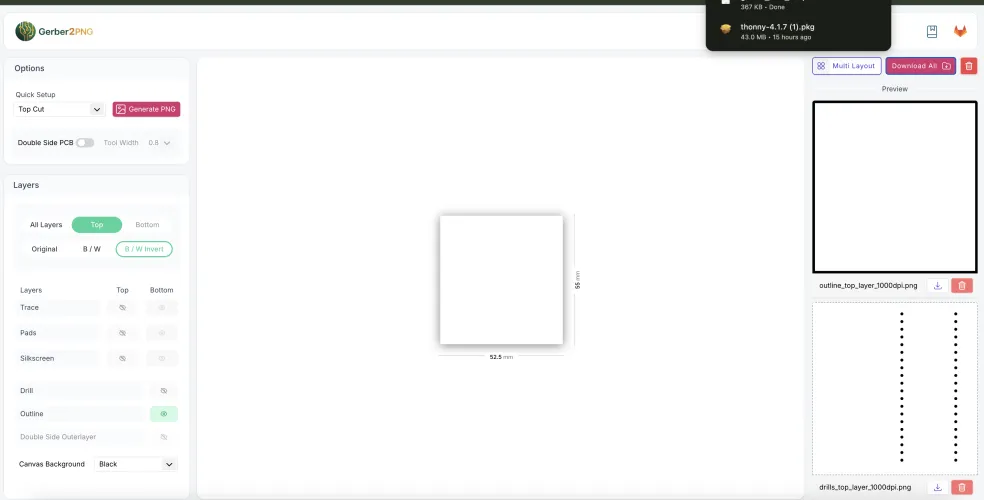 Gerber2PNG with Top Cut selected, preview panel showing generated outline_top_layer and drills_top_layer PNGs