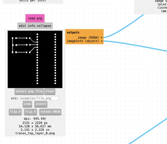 modsproject read png module with traces_top_layer_0.png loaded, showing 999.998 dpi, 2131x2229px, 54x56mm