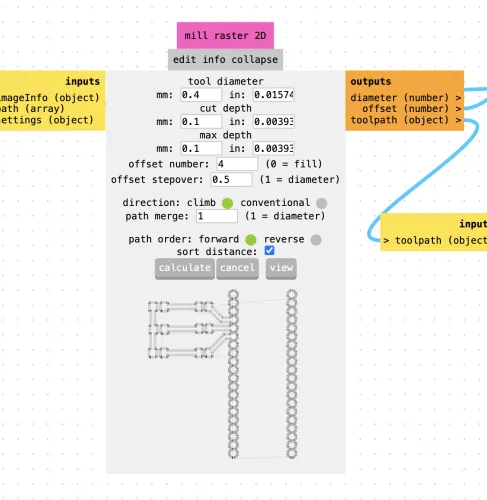 modsproject mill raster 2D settings - tool diameter 0.4mm, cut depth 0.1mm, offset number 4, climb direction