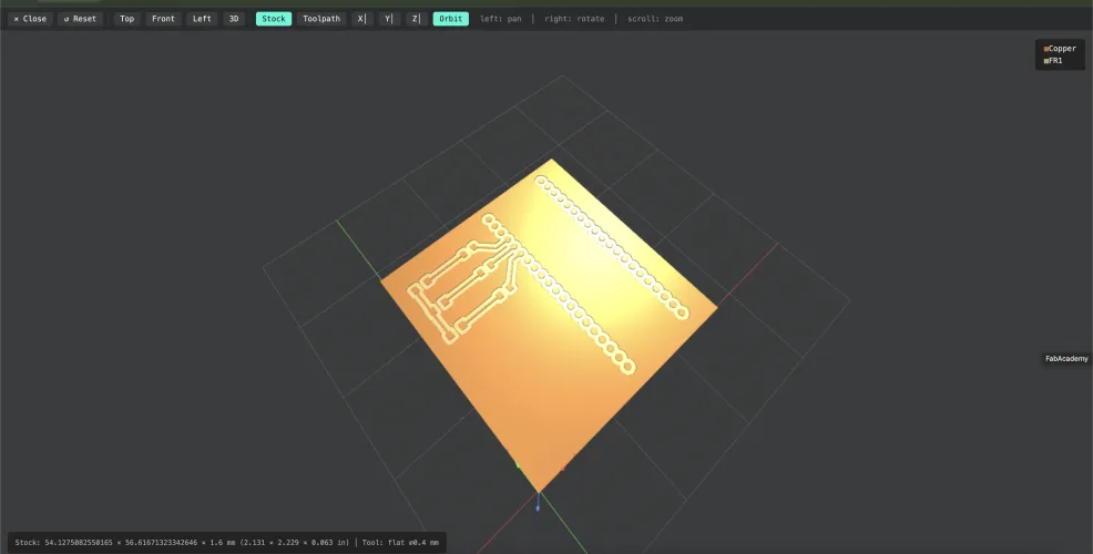 modsproject 3D toolpath preview showing the PCB traces on copper/FR1 stock from an angled view