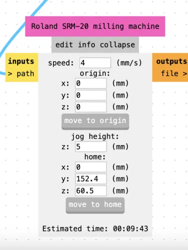 modsproject Roland SRM-20 milling machine module - speed 4mm/s, jog height 5mm, estimated time 00:09:43