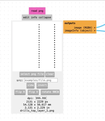 modsproject read png module with drills_top_layer_1.png loaded, showing drill hole positions