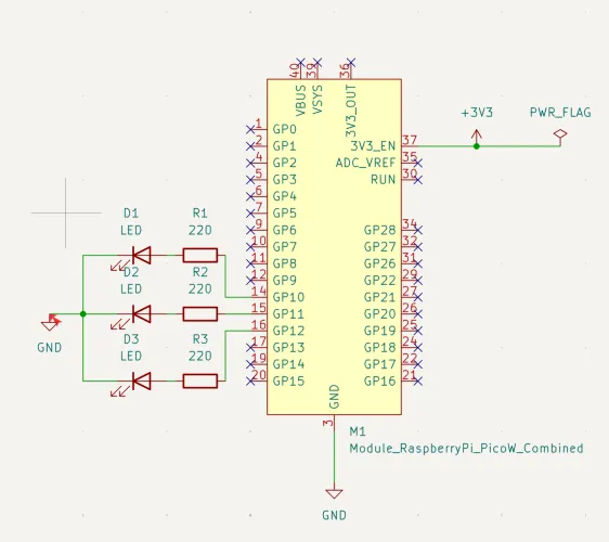 Updated KiCad schematic with Module_RaspberryPi_PicoW_Combined footprint, 3 LEDs with resistors on GP10-GP12