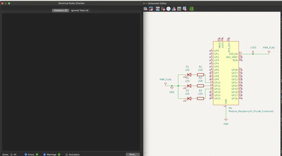 Electrical Rules Checker showing 0 violations on the updated schematic