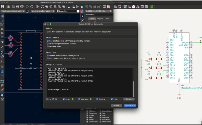 Update PCB from Schematic dialog showing net reconnections and field updates for the new footprint