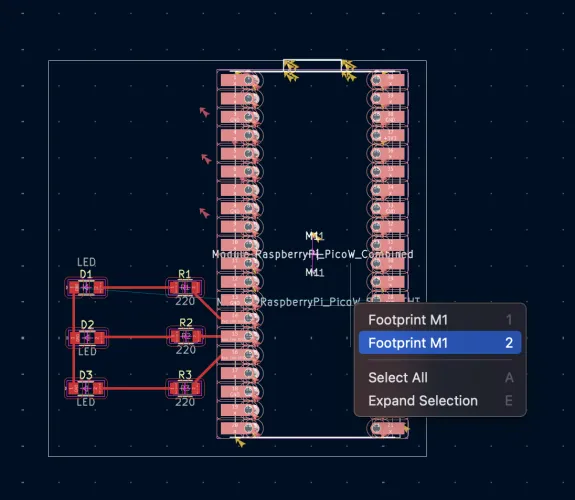 PCB layout with SMD footprint routed - LEDs and resistors on left, Pico combined footprint on right with traces