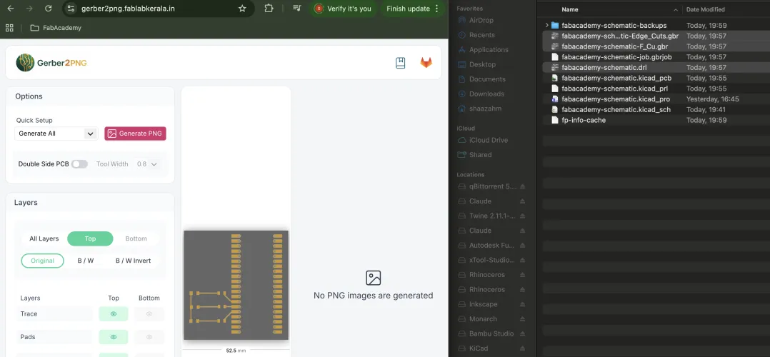 Gerber2PNG with the updated SMD board loaded, Finder showing gerber files on the right