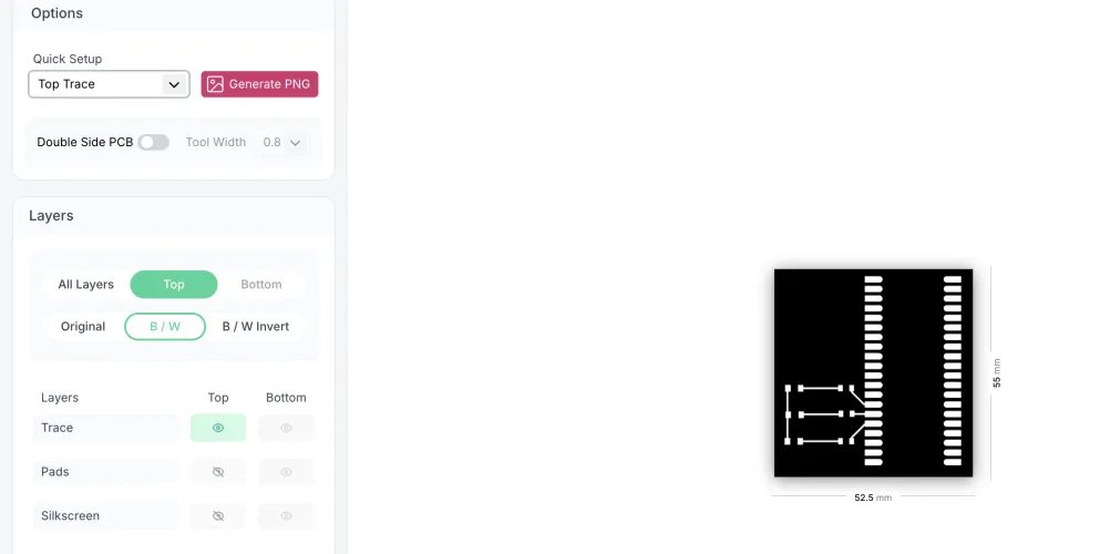 Gerber2PNG Top Trace B/W for SMD layout showing elongated rectangular pads instead of round through-holes