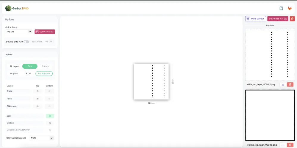 Gerber2PNG showing Top Drill view with generated drill and outline PNGs in the preview panel