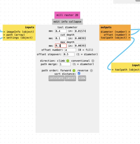 modsproject mill raster 2D with SMD trace image - same settings, tool 0.4mm, depth 0.1mm, 4 offsets