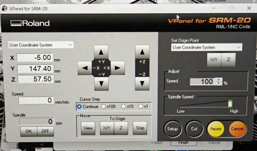 VPanel for SRM-20 software showing coordinate system, movement controls, speed and spindle settings