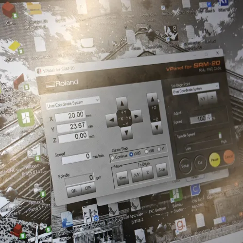VPanel showing origin set with X=20.00 Y=23.67 Z=0.00