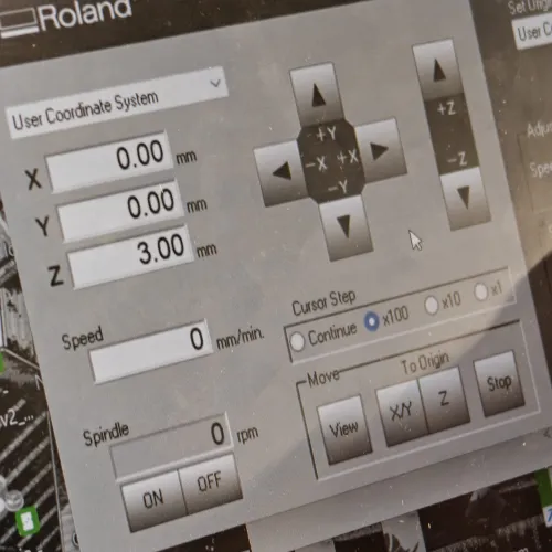 VPanel after origin set showing X=0.00 Y=0.00 Z=3.00 with x100 step
