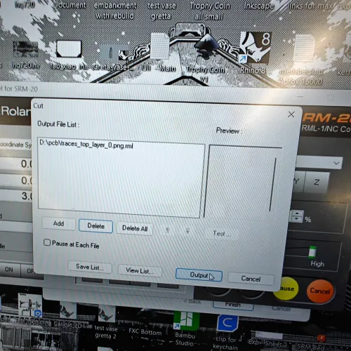 VPanel Cut dialog with traces toolpath file loaded, ready to output