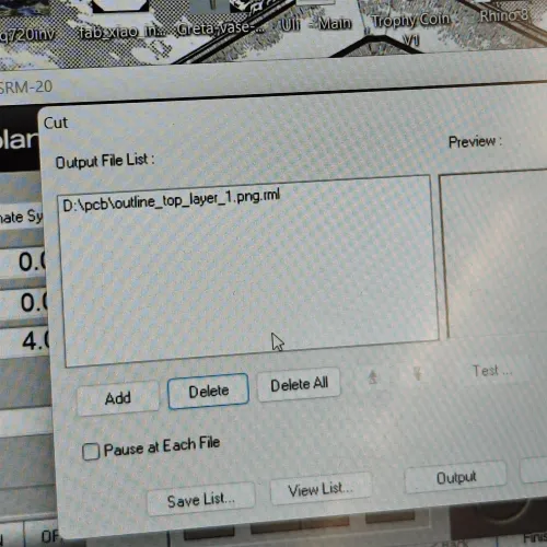 VPanel Cut dialog with outline_top_layer_1.png.rml loaded for the outline cut