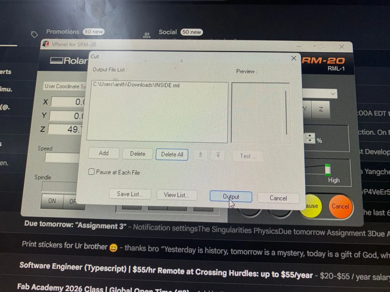 Sending the RML file from the desktop software