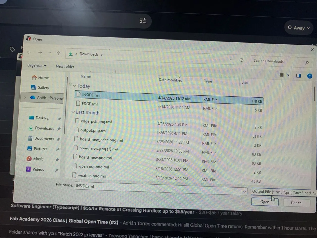 Selecting the RML file for edge cut