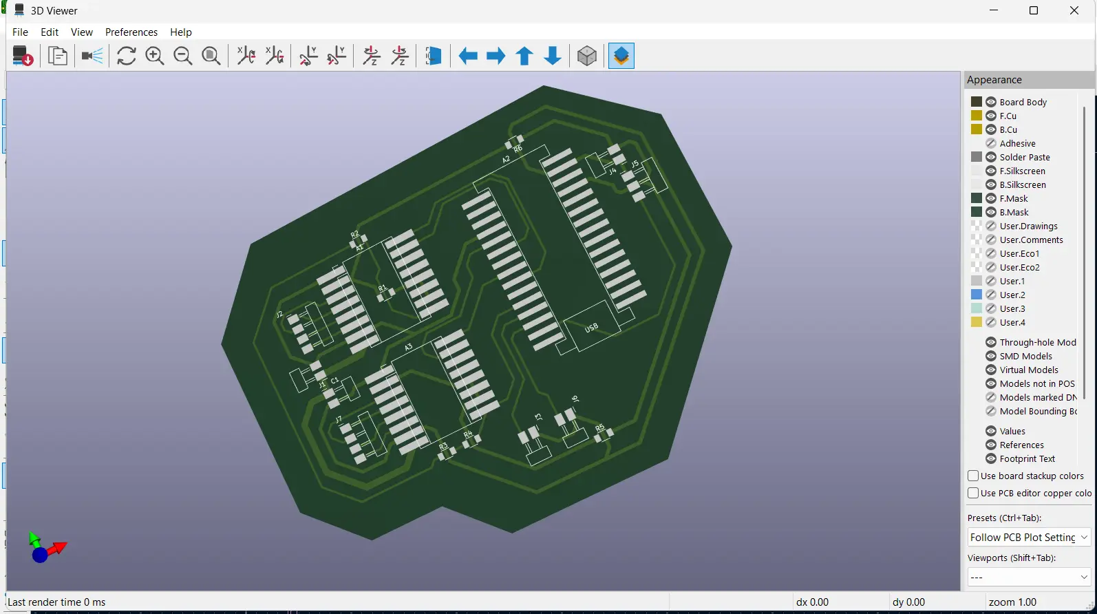 3D view of the PCB