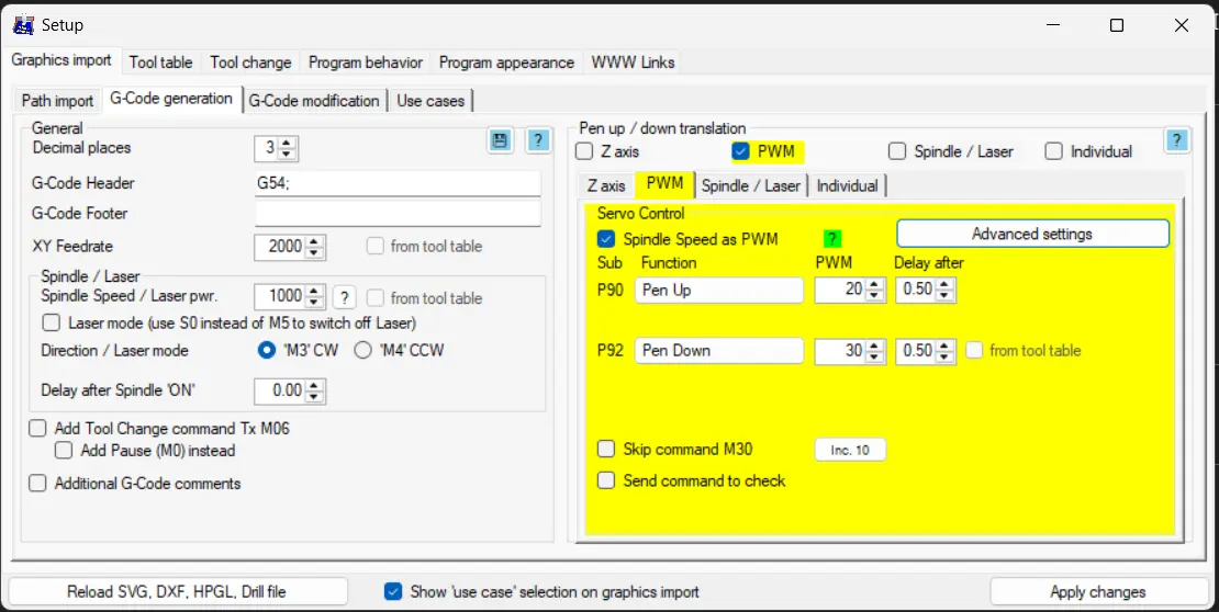 GRBL-Plotter servo configuration — PWM pen up/down settings