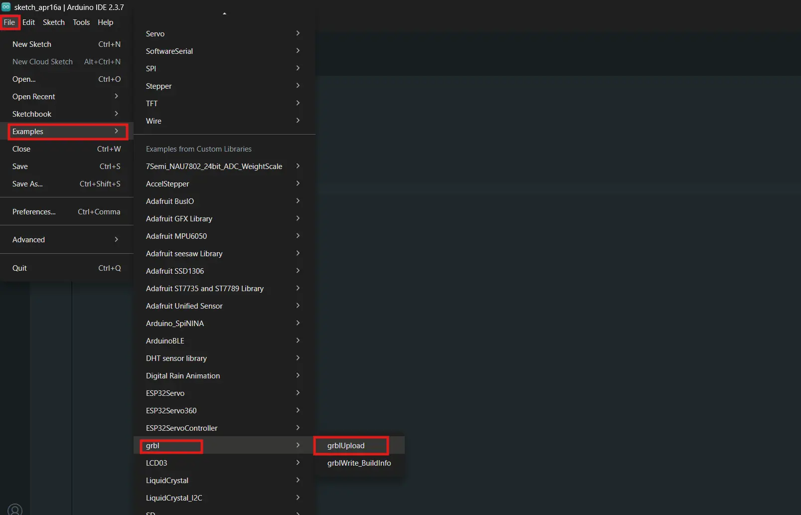 grblUpload sketch open in Arduino IDE