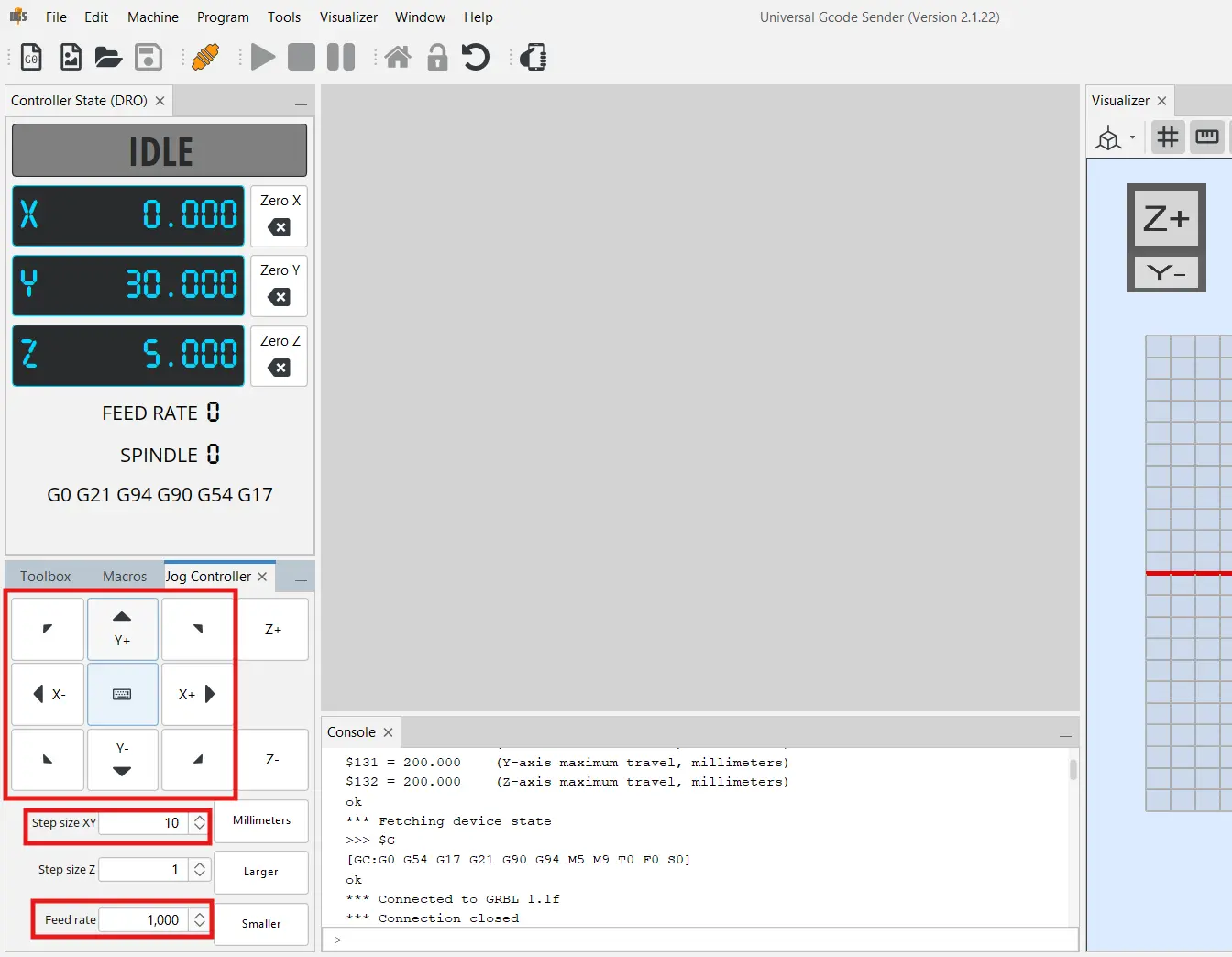 UGS Machine Control — jogging X and Y