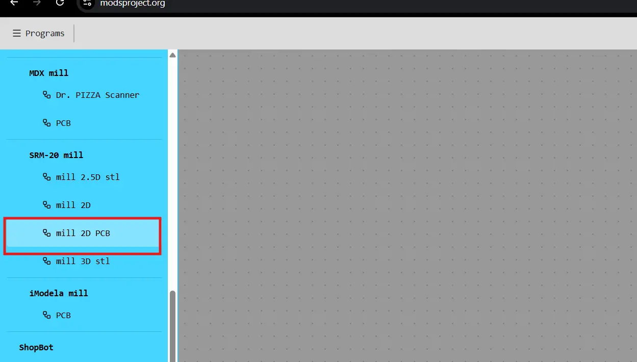 Selecting SRM-20 PCB in MODS CE