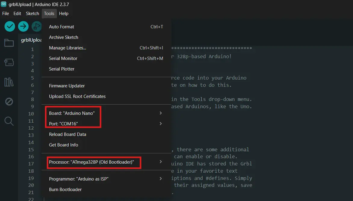 Port, board and processor settings confirmed in Arduino IDE