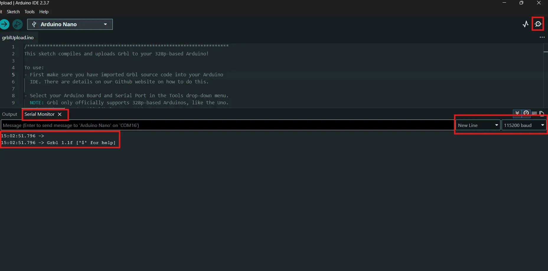 GRBL responding in Serial Monitor — Grbl 1.1f