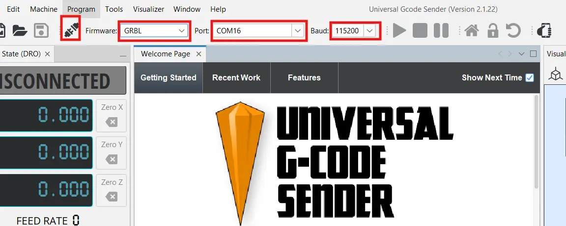 UGS connection settings — port and baud