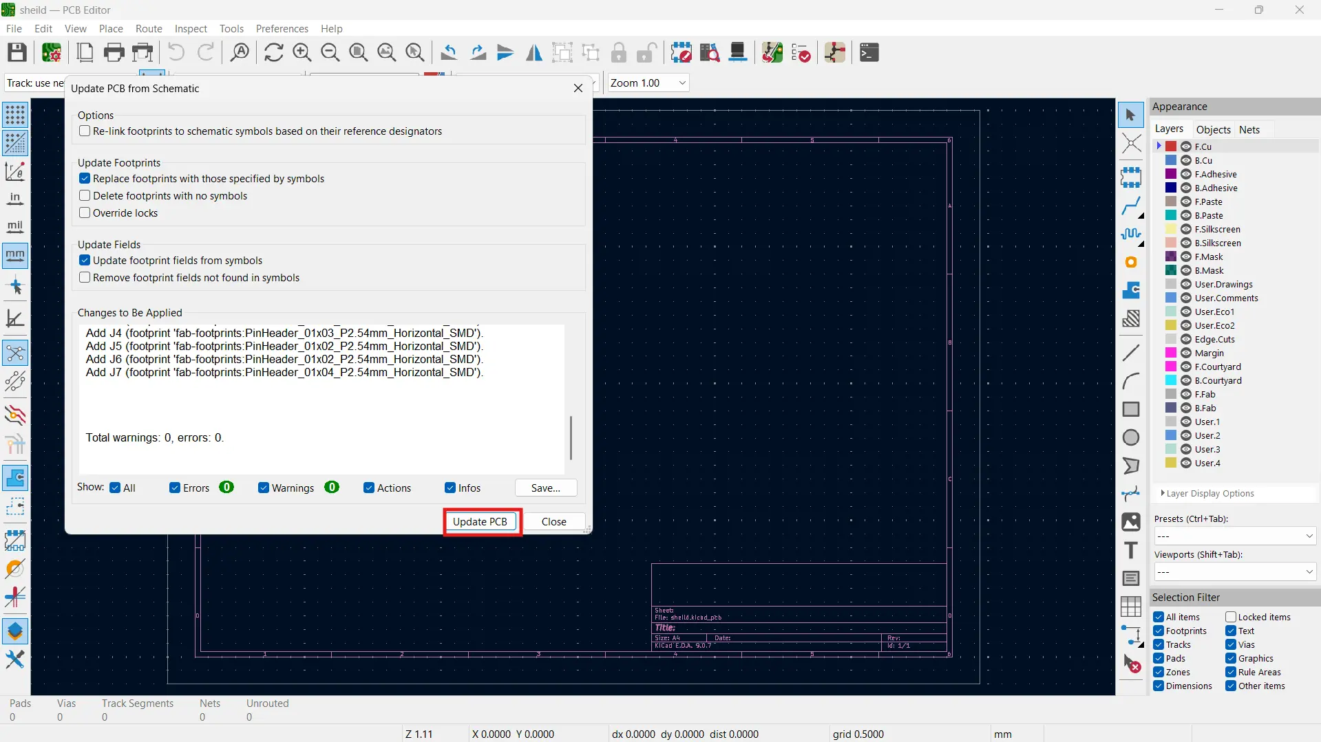 Updating PCB from schematic — step 2