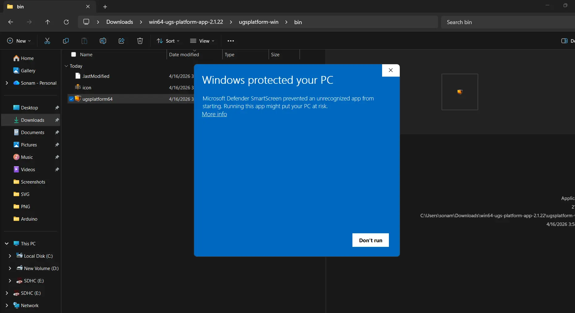 Windows protection warning on UGS launch