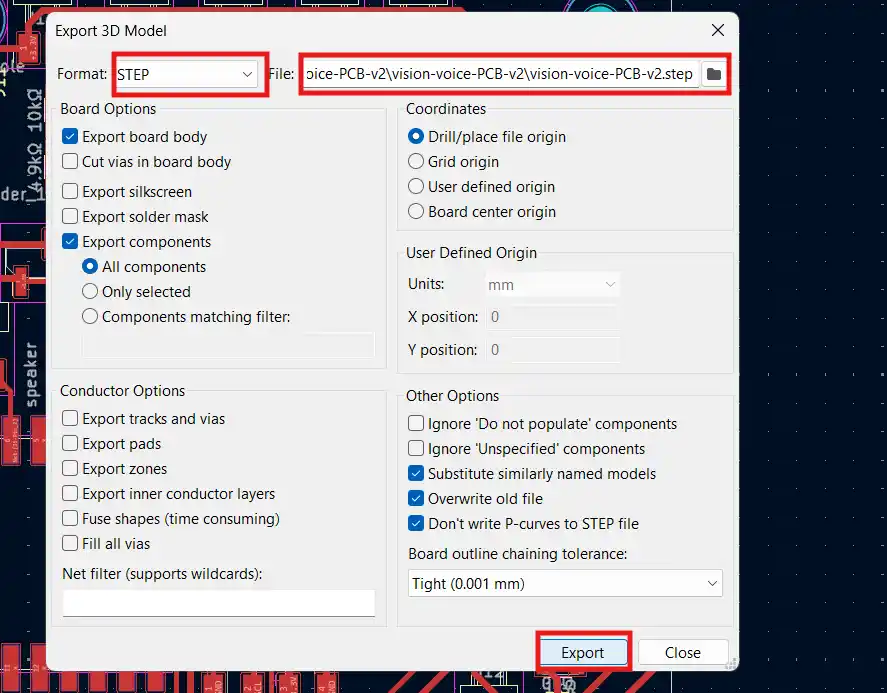 export settings for step file