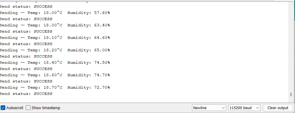 Serial Monitor on sender showing successful transmissions