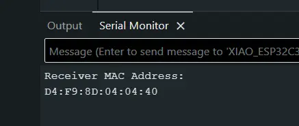 Serial Monitor showing the receiver's MAC address: D4:F9:8D:04:04:40