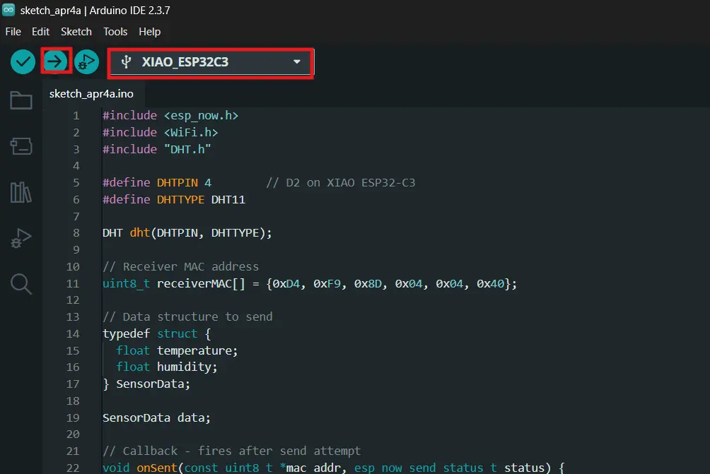 Sender code uploaded to XIAO ESP32-C3 in Arduino IDE