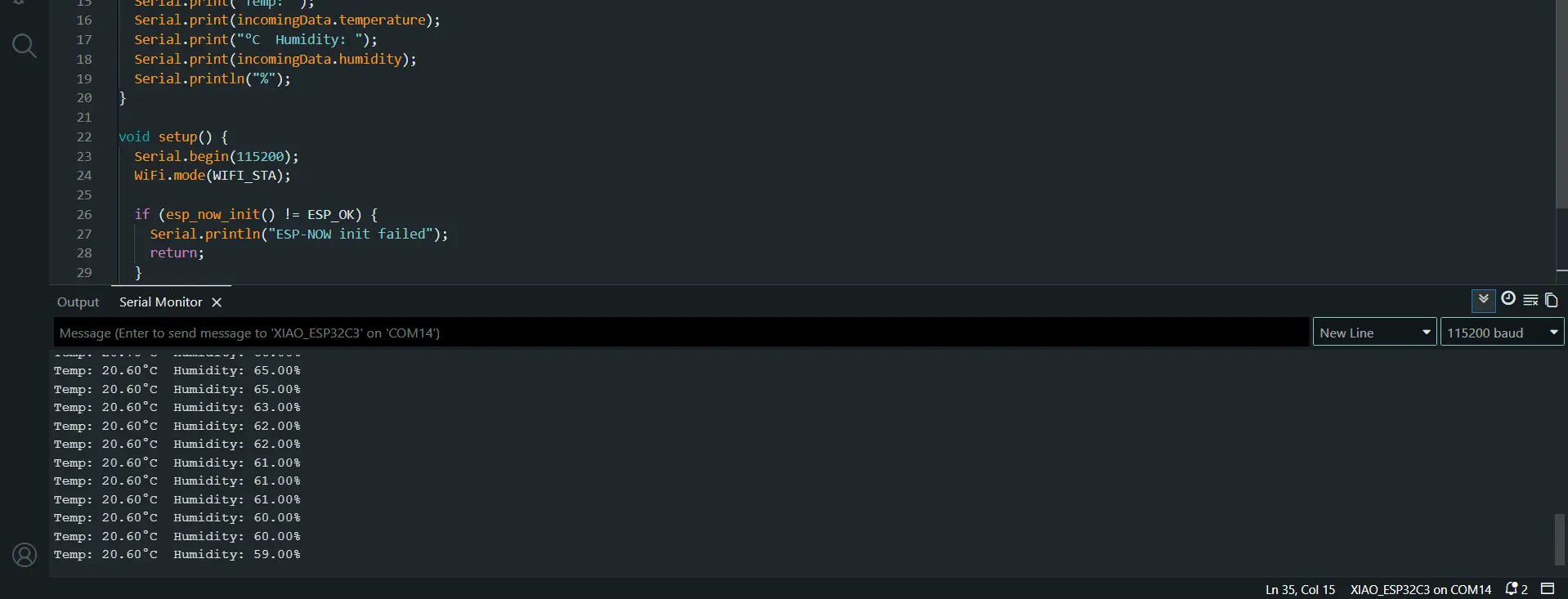 DHT11 sensor test on Serial Monitor showing temp and humidity