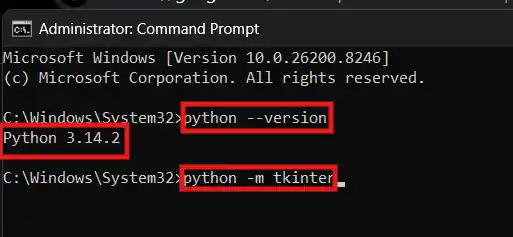 Terminal showing Python 3.14.2 is installed