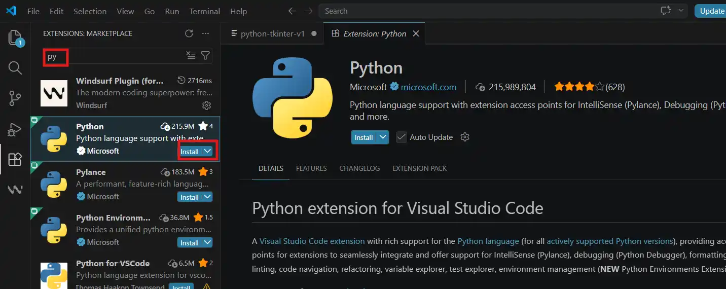 VS Code showing Python extension